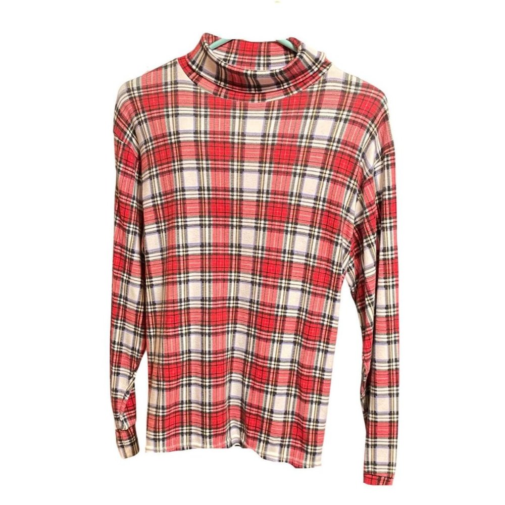Vintage Tartan 70s Womens Turtleneck Medium Plaid Long Sleeve Shirt Top Stewart